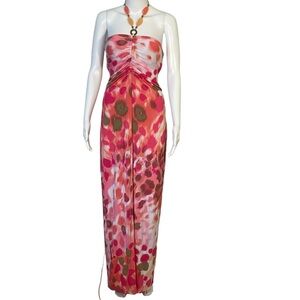 Tommy Bahama Pink Coral Strapless Stretch Gemstone Tie Neck Maxi Dress Sz XS